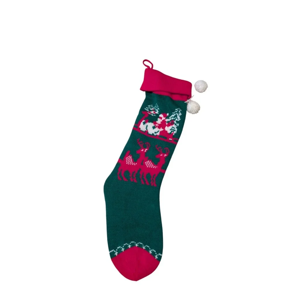 Vintage KNIT CHRISTMAS STOCKING RED GREEN REINDEER SANTA BOY GIRL MEN 19